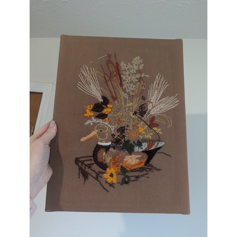 Vtg Embroidered Duck Floral Wall Art Framed The Creative Circle Unfinished 16x12